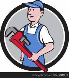 Illustration of a handyman wearing hat looking to the side holding pipe wrench viewed from front set inside circle on isolated background done in cartoon style. . Handyman Holding Pipe Wrench Circle Cartoon