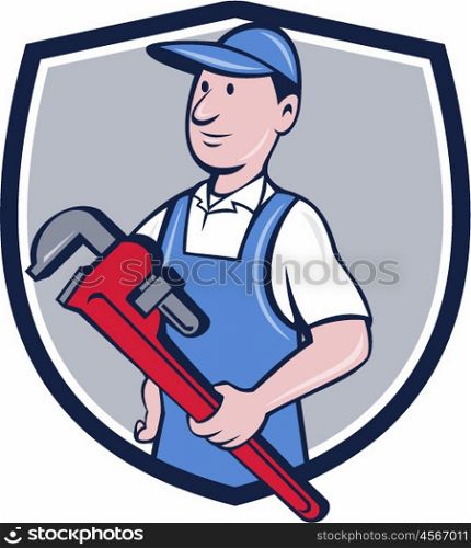 Illustration of a handyman wearing hat looking to the side holding pipe wrench viewed from front set inside crest shield on isolated background done in cartoon style. . Handyman Pipe Wrench Crest Cartoon