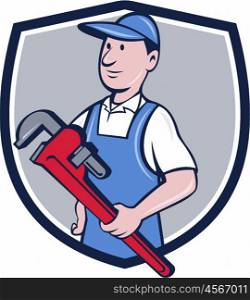 Illustration of a handyman wearing hat looking to the side holding pipe wrench viewed from front set inside crest shield on isolated background done in cartoon style. . Handyman Pipe Wrench Crest Cartoon