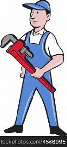 Illustration of a handyman wearing hat looking to the side standing holding pipe wrench viewed from front set on isolated white background done in cartoon style. . Handyman Pipe Wrench Standing Cartoon