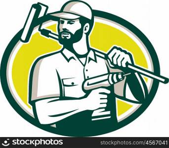 Illustration of a handyman with beard moustache facial hair holding paint roller on shoulder and cordless drill looking to the side set inside oval shape on isolated background done in retro style. . Handyman Bearded Drill Paintroller Oval Retro