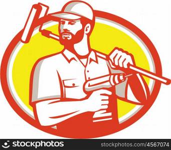 Illustration of a handyman with beard moustache facial hair holding paint roller on shoulder and cordless drill looking to the side set inside oval shape on isolated background done in retro style. . Handyman Cordless Drill Paintroller Oval Retro
