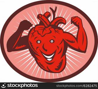 illustration of a Happy and healthy heart flexing its muscle. Happy and healthy heart