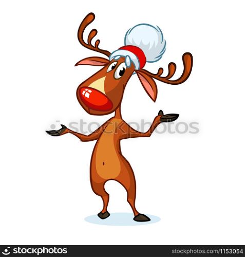 illustration of a happy cartoon Christmas Reindeer pointing hand. Vector character