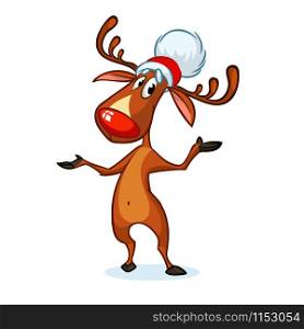 illustration of a happy cartoon Christmas Reindeer pointing hand. Vector character