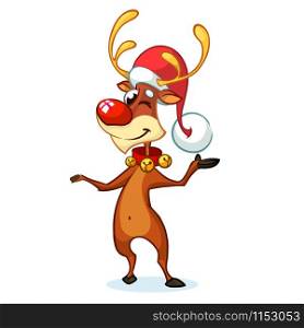 illustration of a happy cartoon Christmas Reindeer with bells. Vector character