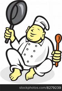 Illustration of a happy fat buddha chef cook holding frying pan and spatula sitting on isolated background done in cartoon style. Fat Buddha Chef Cook Sitting Cartoon