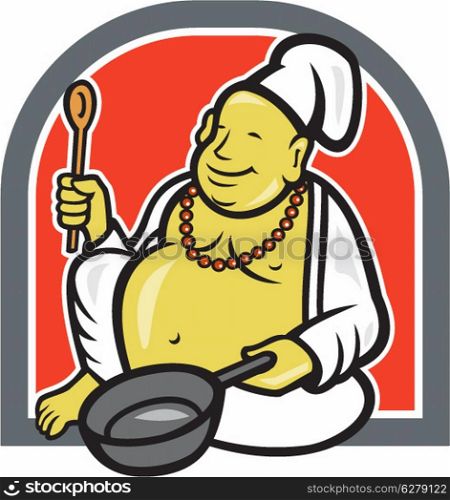 Illustration of a happy fat Buddha chef cook holding spatula and frying pan sitting down done in cartoon style. Fat Happy Buddha Chef Cook Cartoon