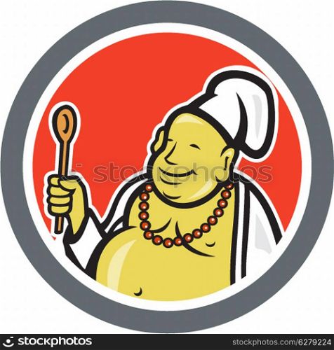 Illustration of a happy fat Buddha chef cook holding spatula set inside circle done in cartoon style. Fat Buddha Chef Cook Cartoon