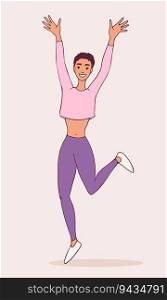 Illustration of a happy jumping woman. Raised hands and bent leg. Smiling girl. Sports. Doodle design. Hand drawn. Vector art