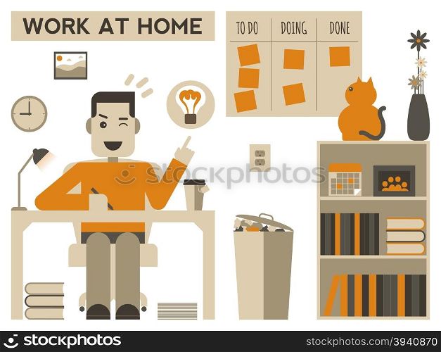 Illustration of a happy man working at home