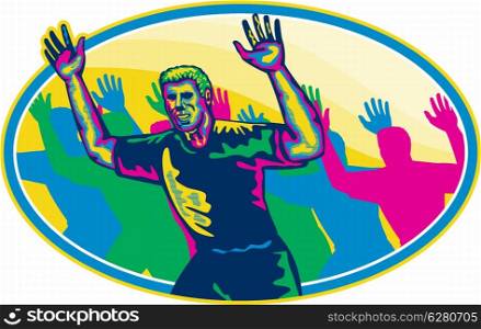 Illustration of a happy marathon runner running with hands up done in retro style on isolated white background set inside oval shape.. Happy Marathon Runner Running Oval Retro