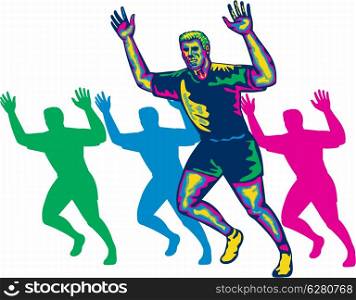 Illustration of a happy marathon runner running with hands up done in retro style on isolated white background. Happy Marathon Runner Running Retro