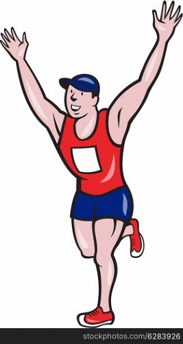 Illustration of a happy marathon runner running with hands up winning finishing race done in cartoon style on isolated white background. Marathon Runner Winning Cartoon