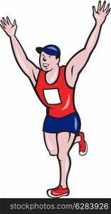 Illustration of a happy marathon runner running with hands up winning finishing race done in cartoon style on isolated white background. Marathon Runner Winning Cartoon