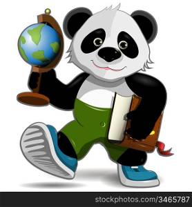 Illustration of a happy panda with a globe and a book