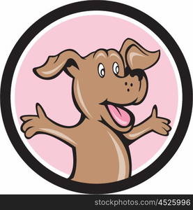 Illustration of a happy puppy smiling with arms out looking to the side set inside circle done in cartoon style. . Happy Puppy Arms Out Circle Cartoon