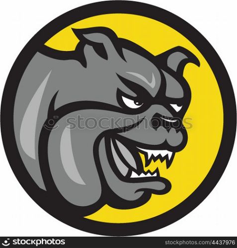 Illustration of a head of an angry bulldog showing sharp teeth viewed from the side set inside circle done in cartoon style. . Angry Bulldog Head Circle Cartoon