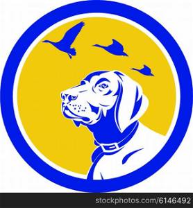 Illustration of a head of an english pointer dog looking up at flying geese viewed from the side set inside circle done in retro style. . English Pointer Dog Head Looking Up Circle Retro