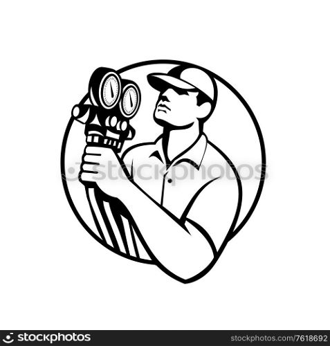 Illustration of a heating air conditioning and refrigeration mechanic holding a pressure temperature gauge front view set inside circle on isolated on white background done in retro black and white style.. Heating Air Conditioning and Refrigeration Mechanic Holding Pressure Gauge Circle