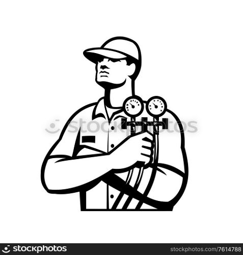 Illustration of a heating and cooling technician or refrigeration and air conditioning mechanic holding a pressure temperature gauge front view done in Black and White retro style.. Heating and Cooling Refrigeration Technician Retro Black and White