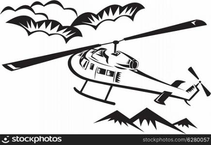 illustration of a helicopter chopper flying with clouds and mountains in background done in black and white&#xA;&#xA;&#xA;&#xA;