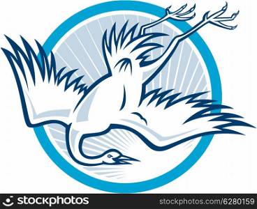 Illustration of a heron crane flying diving down on isolated white background done in cartoon style.. Heron Crane Diving Down Cartoon