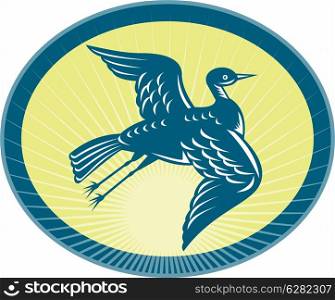 illustration of a heron flying up side view with sunburst in background.. heron flying up side view with sunburst