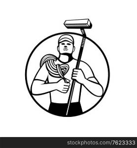 Illustration of a high rise window cleaner carrying rope and squeegee viewed from front set inside circle on isolated background done in retro style.. High Rise Window Cleaner With Rope and Squeegee Circle Retro Black and White