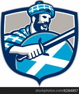 Illustration of a highlander scotsman wielding sword with Scotland flag on shield wearing tartan viewed from side set inside crest.. Highlander Scotsman Sword Shield Retro