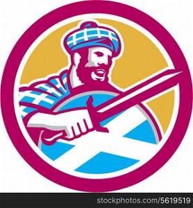 Illustration of a highlander scotsman with sword with Scotland flag on shield wearing tartan set inside circle done in retro style.. Highlander Scotsman Sword Shield Circle Retro