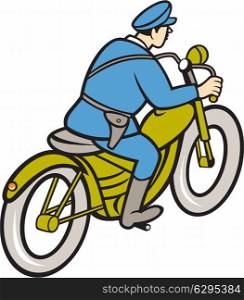 Illustration of a highway patrol policeman police officer riding a motorbike viewed from the side on isolated white background done in cartoon style. . Highway Patrol Policeman Riding Motorbike Cartoon
