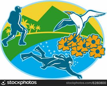 Illustration of a hiker hiking and scuba diver diving with red-billed tropicbird flying up on black eyed suzy flower with trees and mountains in background inside oval done in retro style.. Scuba Diver Hiker Island Tropicbird Flowers Retro