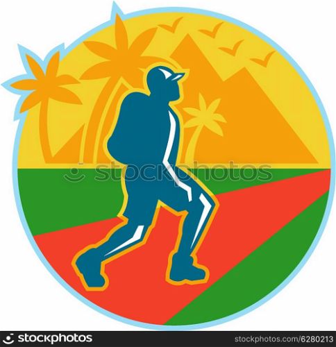 Illustration of a hiker hiking walking on road with trees and mountains in background set inside circle done in retro style.. Hiker Hiking Road Mountain Retro