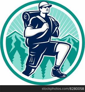 Illustration of a hiker hiking walking striding facing front with trees and mountains in background set inside circle done in retro style.. Hiker Hiking Mountain Retro