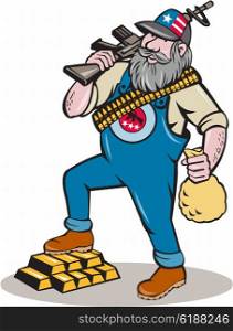 Illustration of a hillbilly man with beard wearing hat with stars and stripes and ammunition worn across the body holding rifle on shoulder and money bag on the other hand stepping on gold bars done set on isolated white background done in cartoon style. . Hillbilly Man Rifle Gold Bars Money Bag Cartoon
