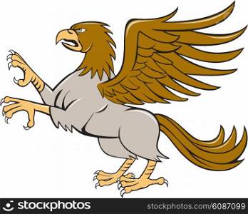 Illustration of a hippogriff or hippogryph, legendary creature with front quarters of an eagle and the hind quarters of a horse prancing showing talons set on isolated white background viewed from the side done in cartoon style.