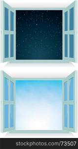 Illustration of a home open window with day and night sky background. Open Window - Night And Day