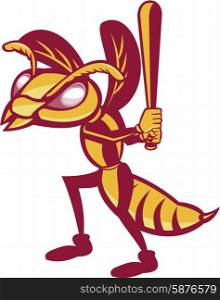 Illustration of a hornet wasp vespa crabro baseball player batting set on isolated white background done in retro style. . Hornet Baseball Player Batting Isolated Retro