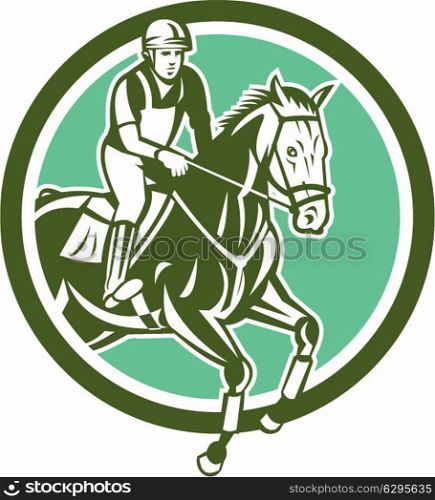 Illustration of a horse and jockey equestrian show jumping set inside circle done in retro style.. Equestrian Show Jumping Circle Retro