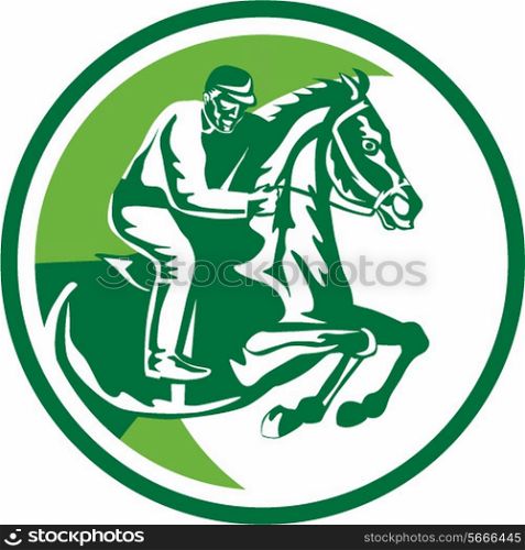 Illustration of a horse and jockey equestrian show jumping viewed from side set inside circle done in retro style.. Equestrian Show Jumping Side Circle Retro