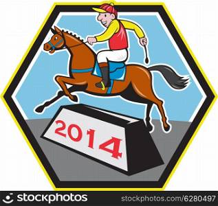 Illustration of a horse and jockey jumping over obstacle with year 2014 which is the year of the horse done in cartoon style on isolated white background.. Year of Horse 2014 Jockey Jumping Cartoon