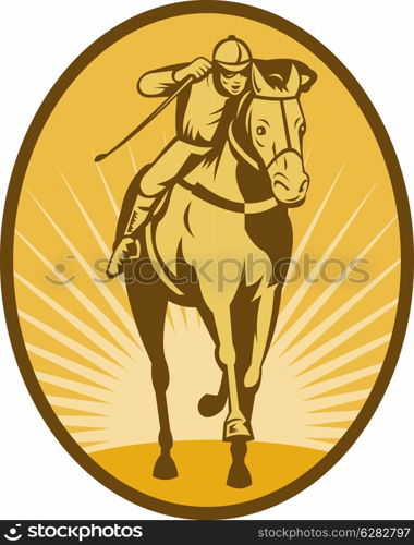 illustration of a Horse and jockey racing front view done in woodcut style.. Horse and jockey racing front view