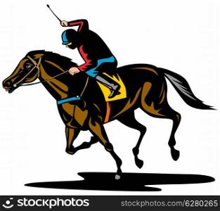 illustration of a horse and jockey racing on isolated white background done in retro style.. horse and jockey racing