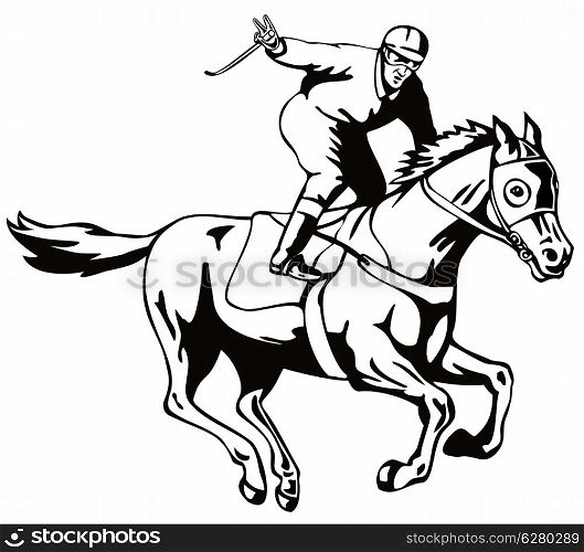 Illustration of a horse and jockey racing on isolated white background done in retro style.