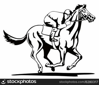 Illustration of a horse and jockey racing on isolated white background done in retro style.