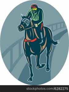 illustration of a Horse and jockey racing on race track done in retro style.. Horse and jockey racing race track
