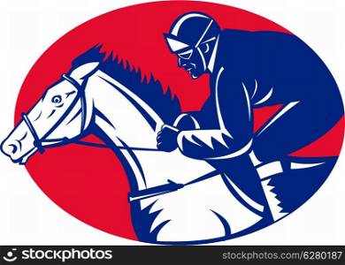illustration of a horse and jockey racing side view done in retro woodcut style set inside oval. horse and jockey racing side view