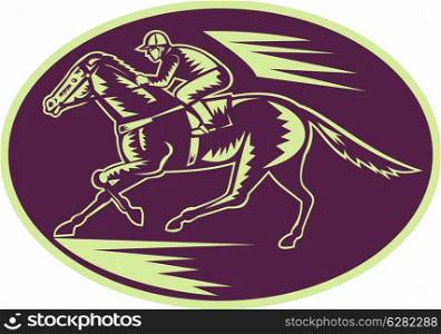 illustration of a Horse and jockey racing side view done in woodcut style.. Horse and jockey racing side view