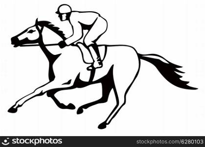 Illustration of a horse and jockey racing viewed from the side on isolated white background done in retro style.